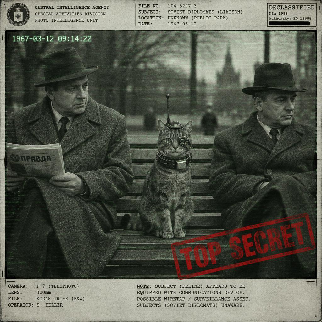 The bench approach: Two diplomats. One cat. Zero suspicion.