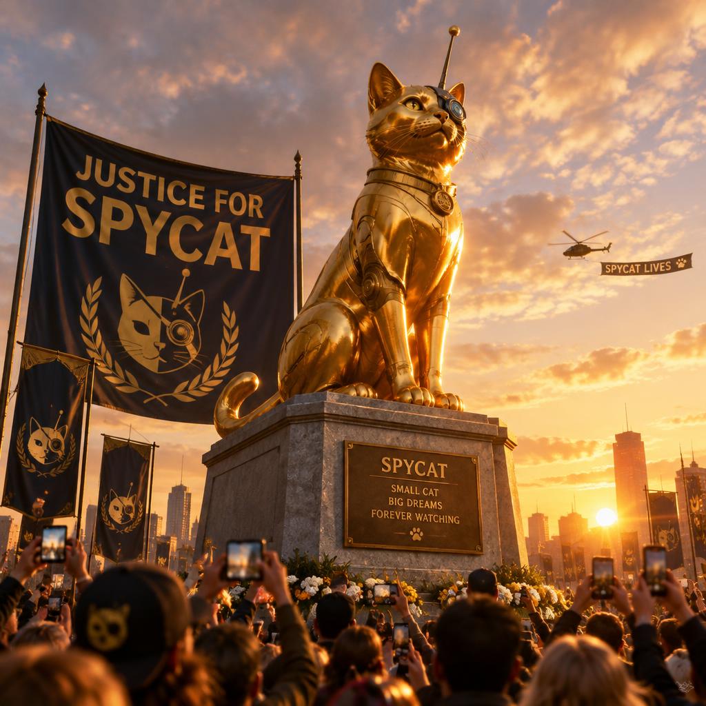 Unveiling of the golden cyborg cat monument